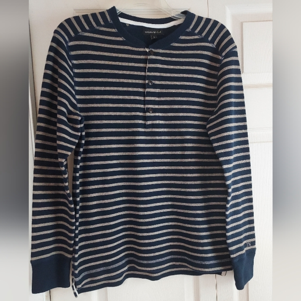 Banana Republic Long Sleeve Striped Henley Shirt Thermal Blue Tan Gray Small